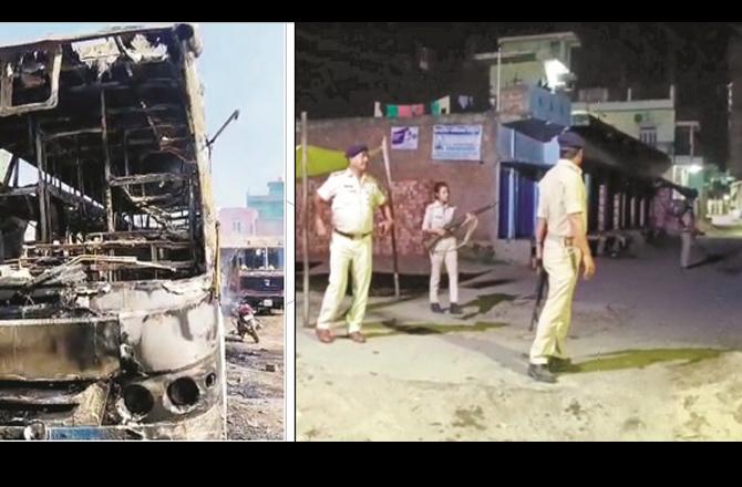 In the first picture, policemen can be seen stationed in a colony in Nalanda, while in the second picture, burnt vehicles can be seen during the riots.